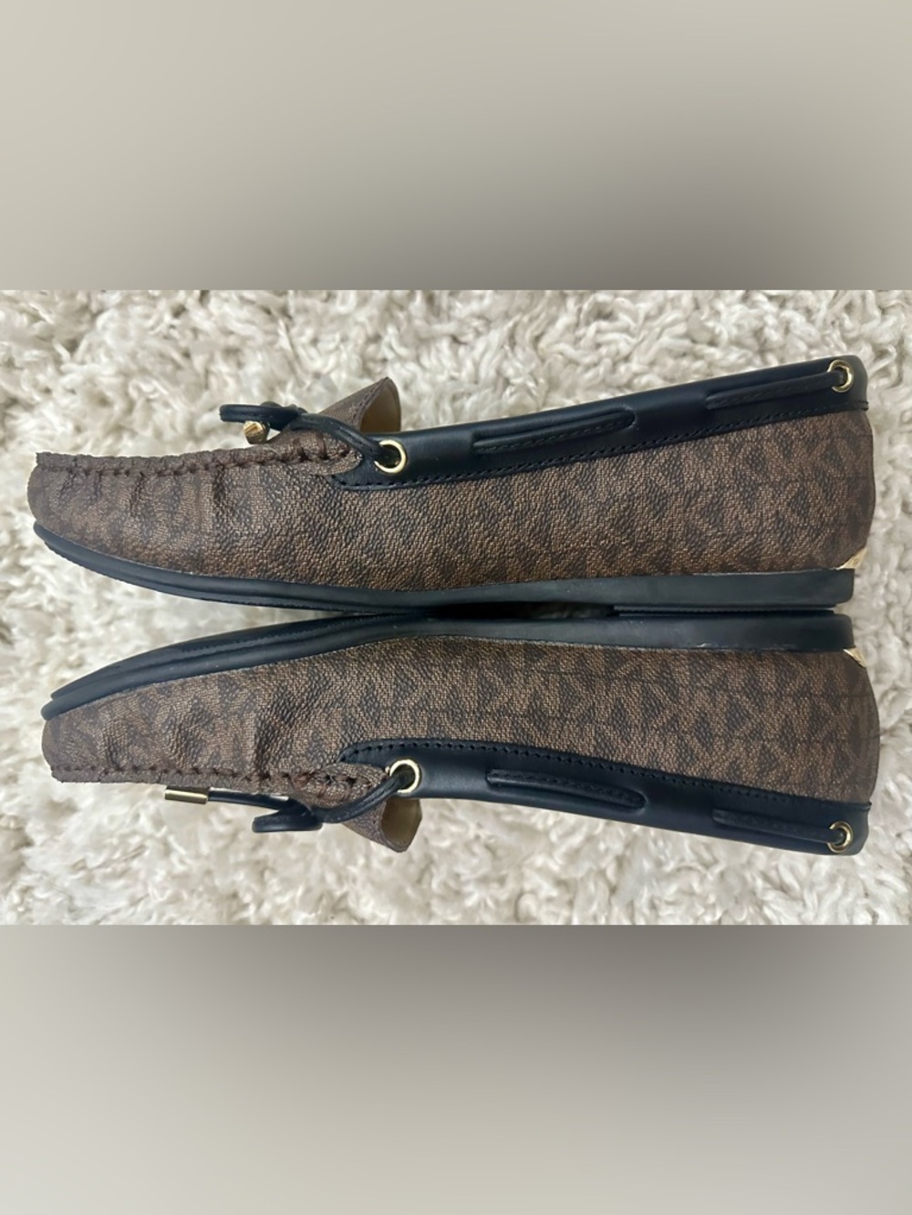 Michael Kors Sutton Brown Monogram Logo Moccasin Loafers with Black Trim 8.5 - Picture 2 of 10